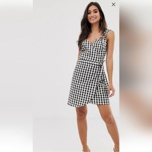 ASOS Gingham Linen Wrap Sundress with Wooden Rings Black White 12